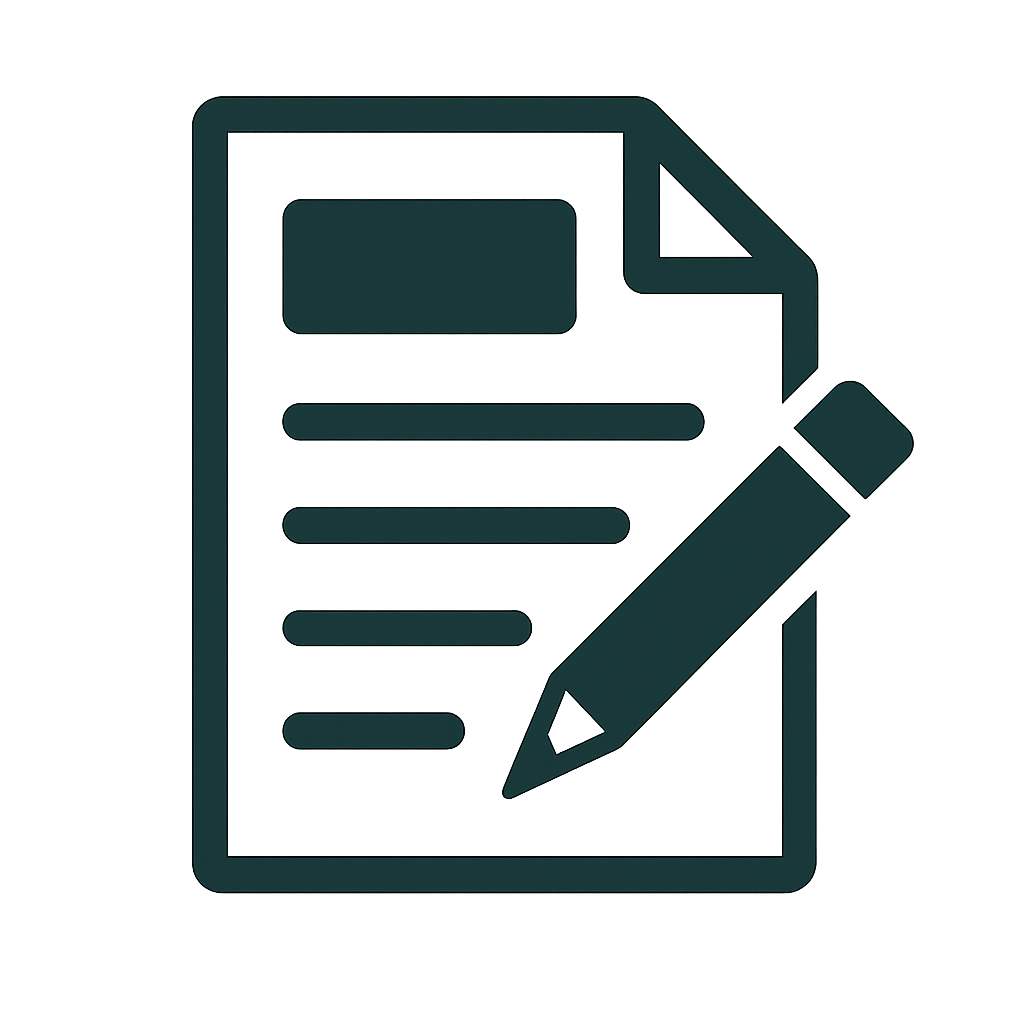 Outline of a document with lines of text and a pencil, representing a form or writing activity.