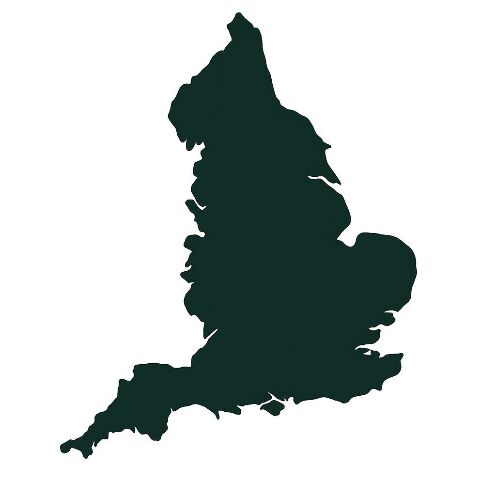 Silhouette map outline of the United Kingdom, dark green background.