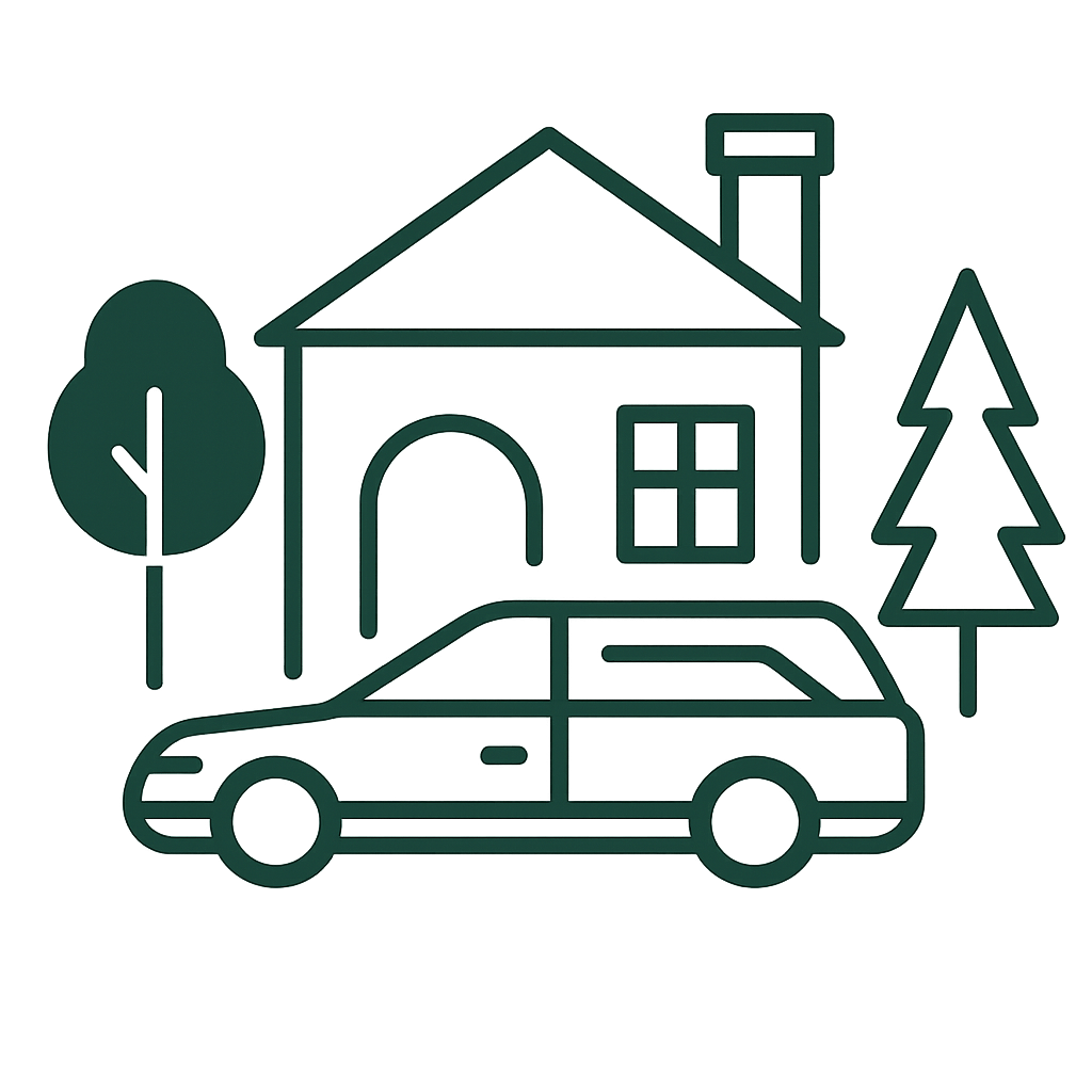 Neon outline of a house, tree, car, and pine tree, glowing in greenish hue.