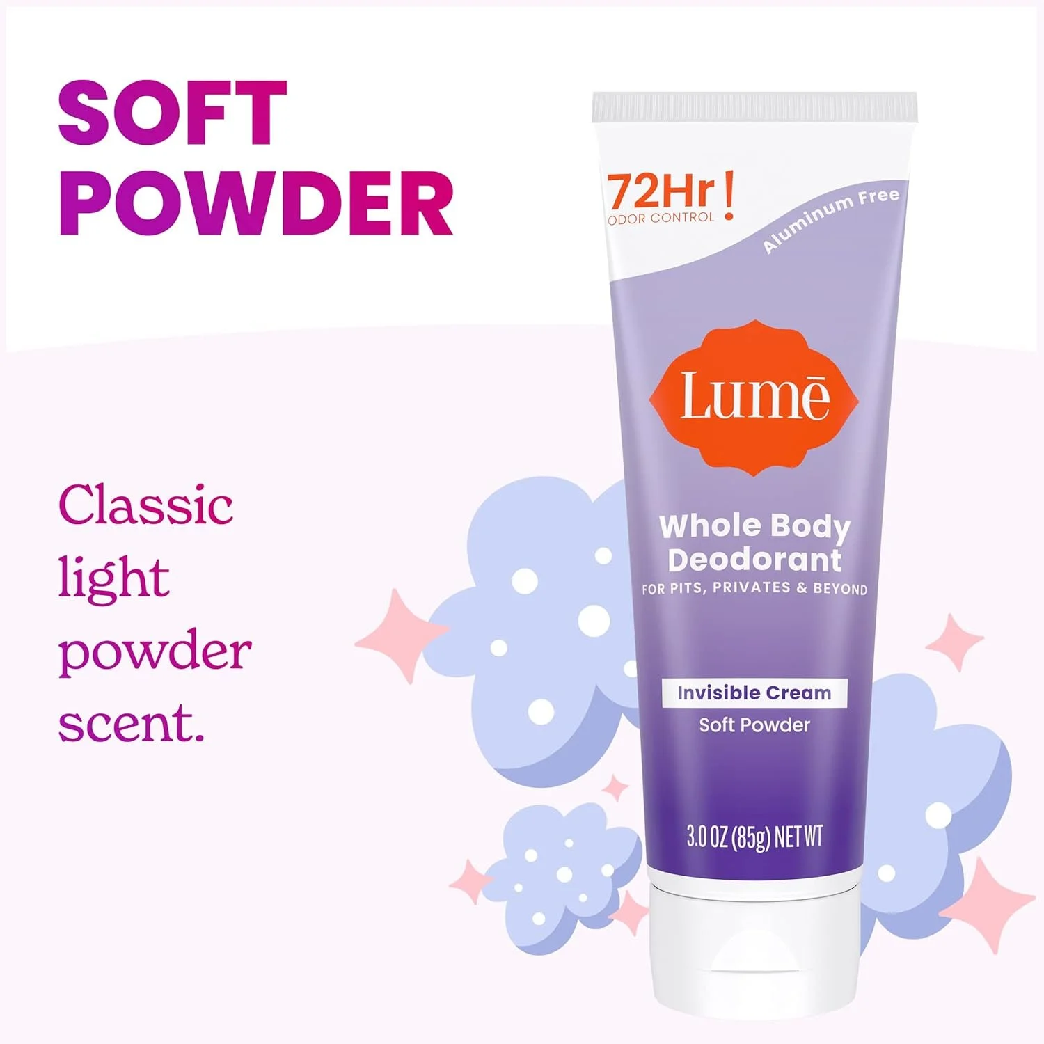 Lume Whole Body Deodorant for Pits, Privates & Beyond, Soft Powder, 72 Hour Odor Control, Aluminum Free, Invisible Cream, Classic light powder scent
