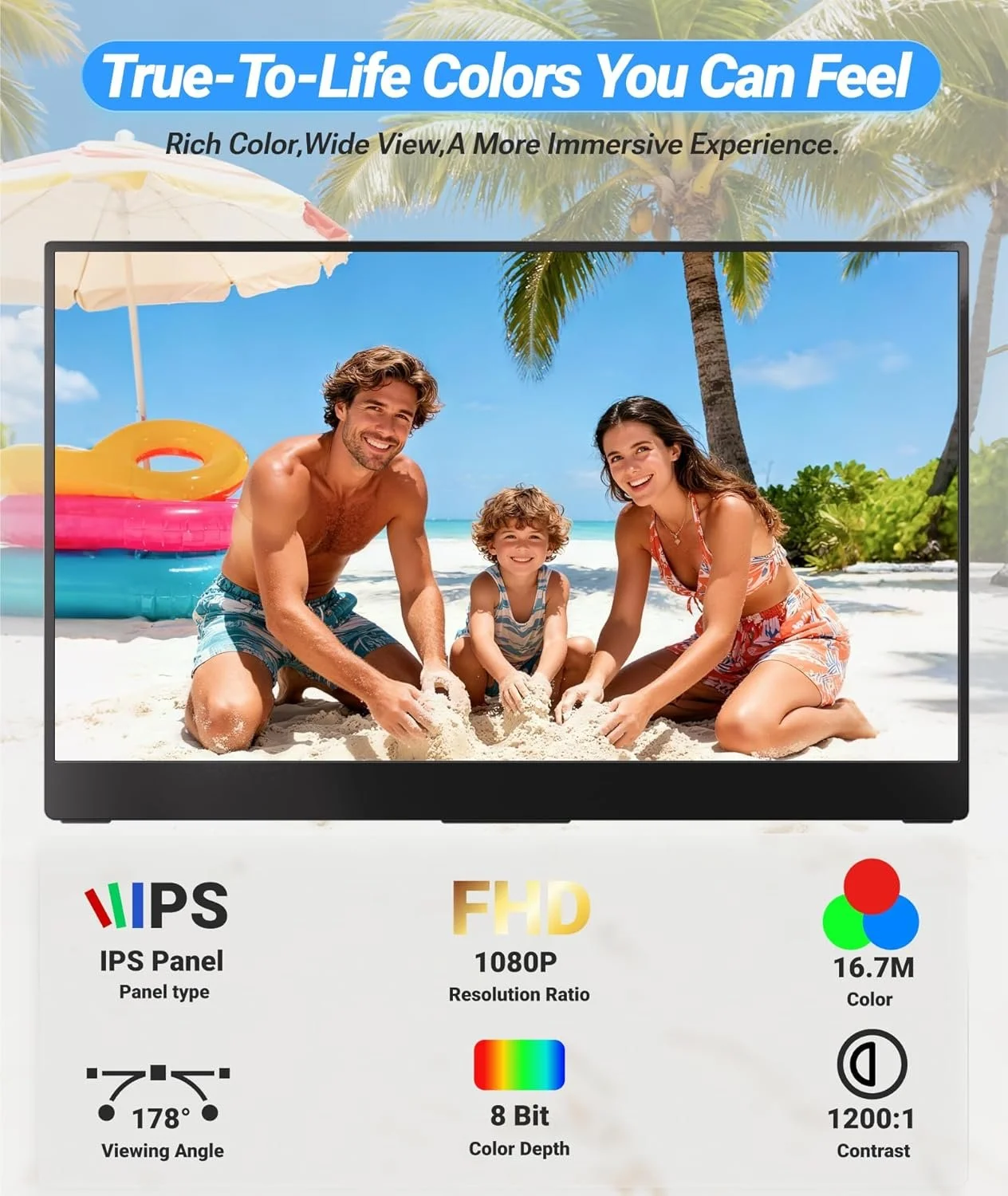 Visual graphic detailing IPS Panel Type, FHD 1080p Resolution Ratio, 16.7M Color, 178 degree viewing angle, 8 bit color depth, and 1200:1 contrast.