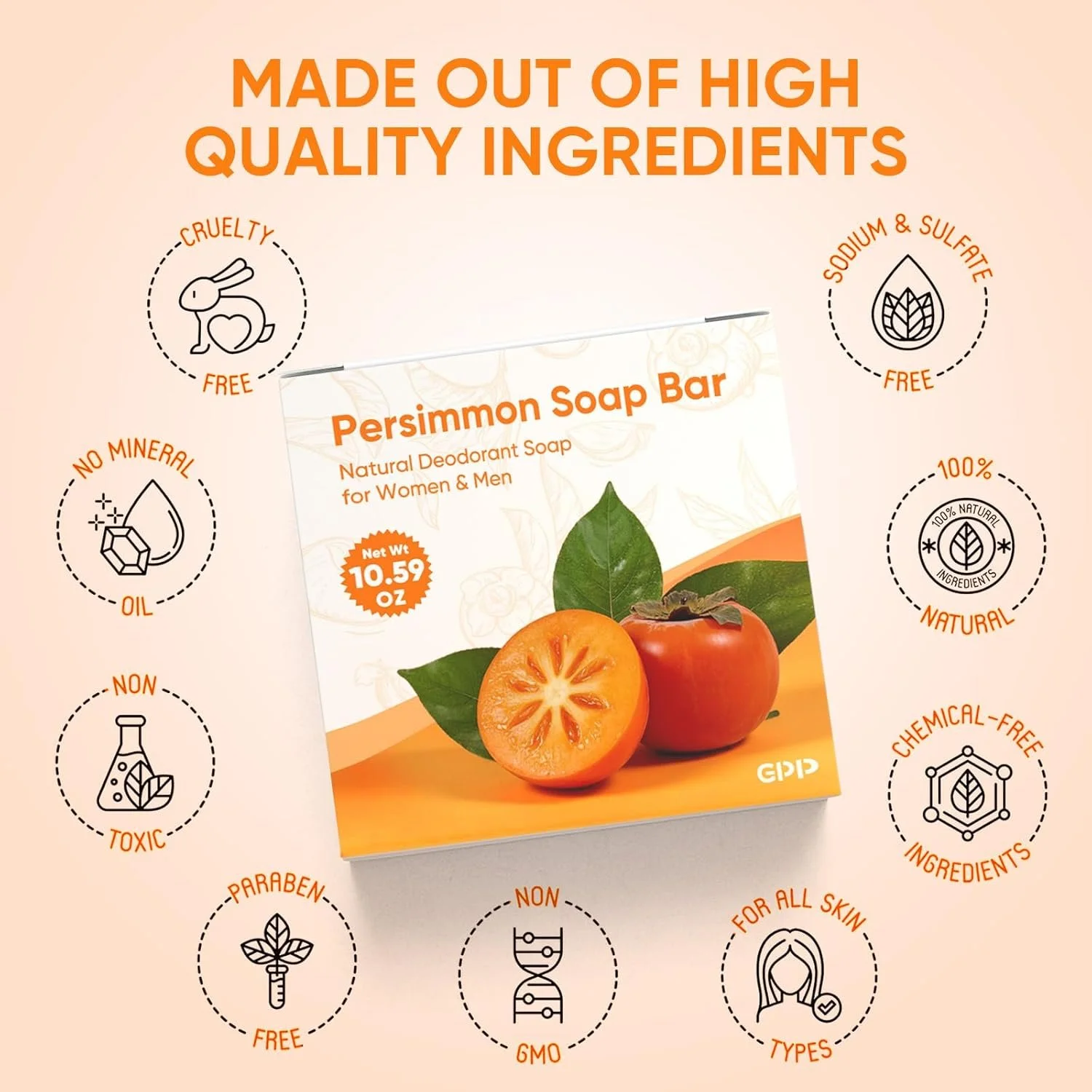 Persimmon Soap Bar, Natural Deodorant Soap for Women & Men, Made out of High Quality Ingredients, Cruelty Free, No Mineral Oil, Non Toxic, Paraben Free, Non GMO, For All Skin Type, Chemical Free Ingredients, 100% Natural