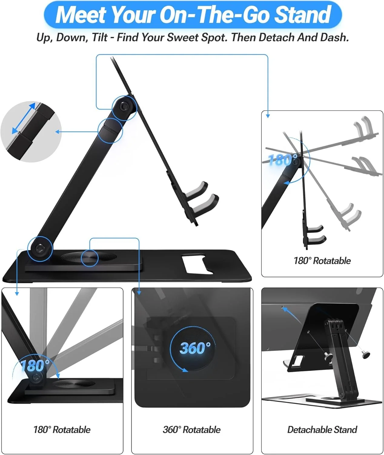 A visual graphic detailing the flexibility and maneuverability of the screen stand.