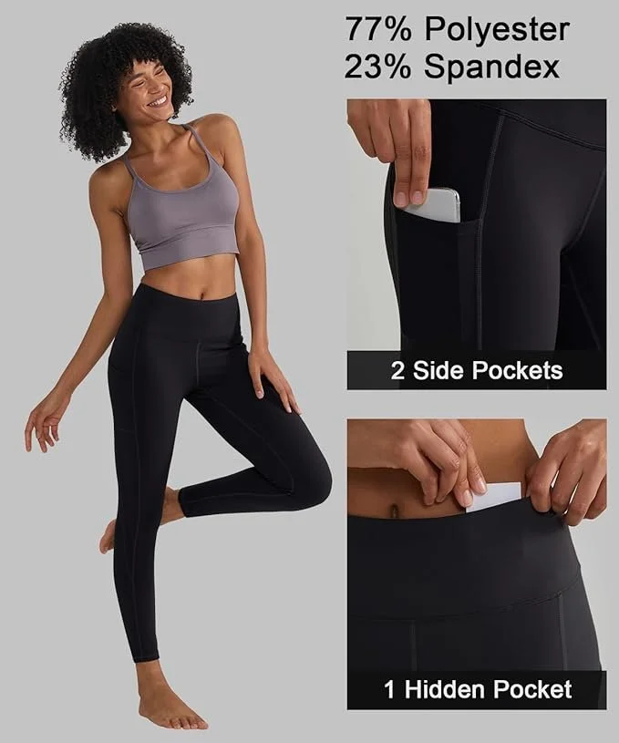 Woman modeling black high-waisted leggings made from 77% polyester and 23% spandex, featuring two side pockets and one hidden waistband pocket.