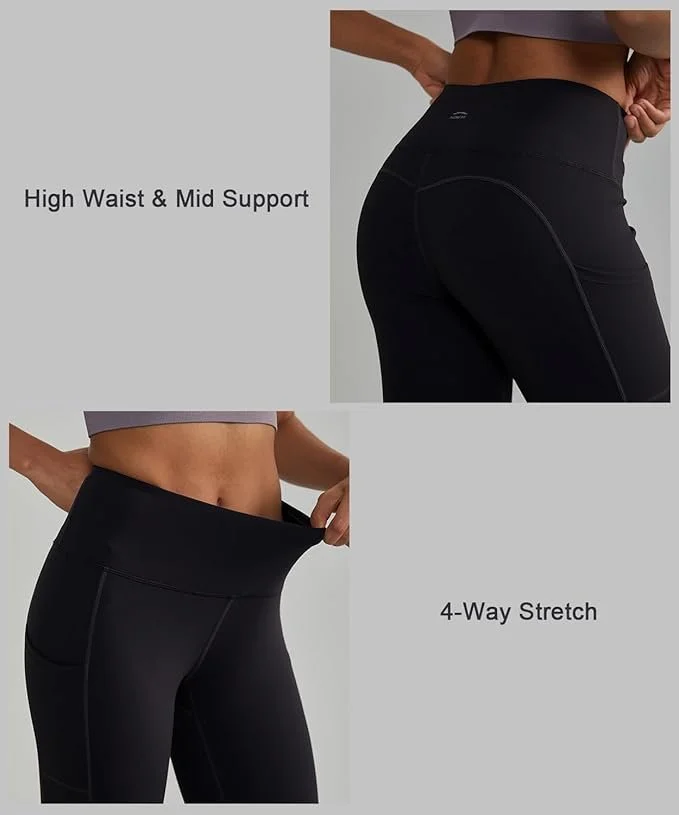 Woman modeling black high-waisted leggings showcasing mid-support and four-way stretch.