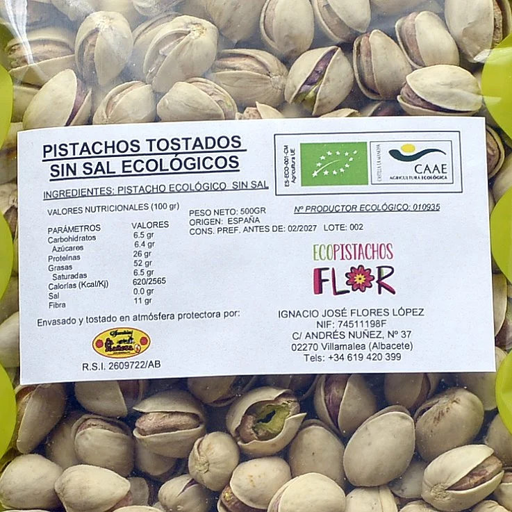 Bolsa de 500 gramos de Pistacho Ecológico Tostado sin sal.