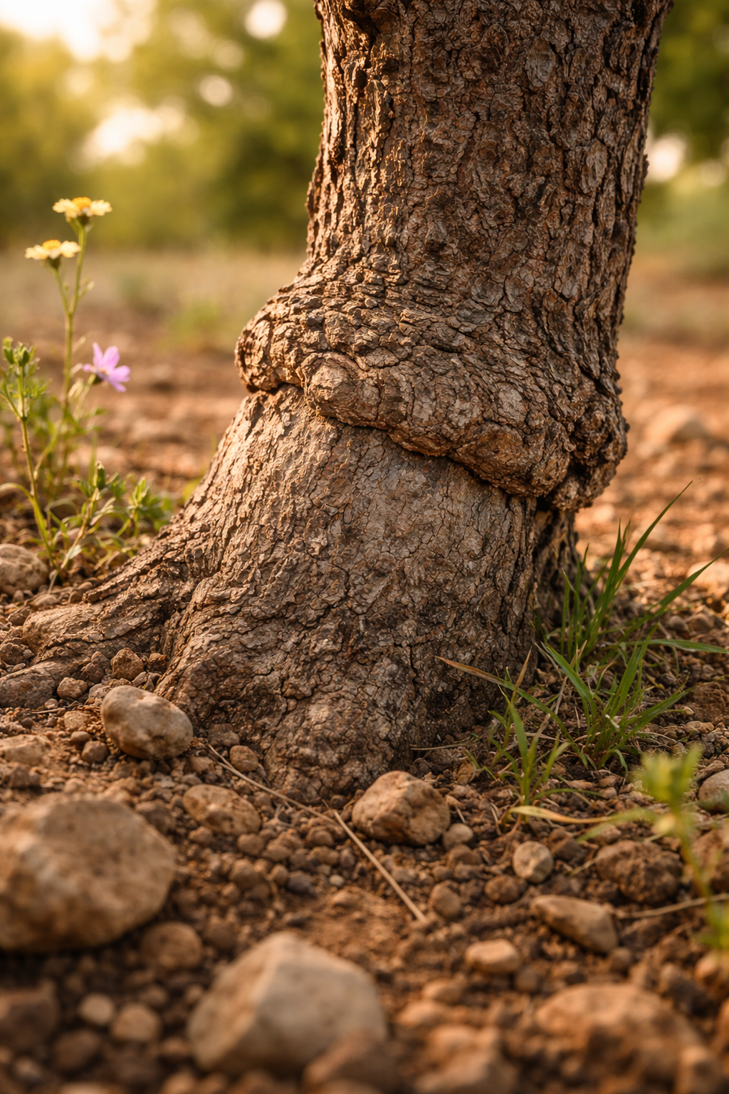 Detalle del tronco de un árbol de pistacho en cultivo ecológico en España, rodeado de tierra y pequeñas plantas con flores en un entorno natural durante el atardecer.