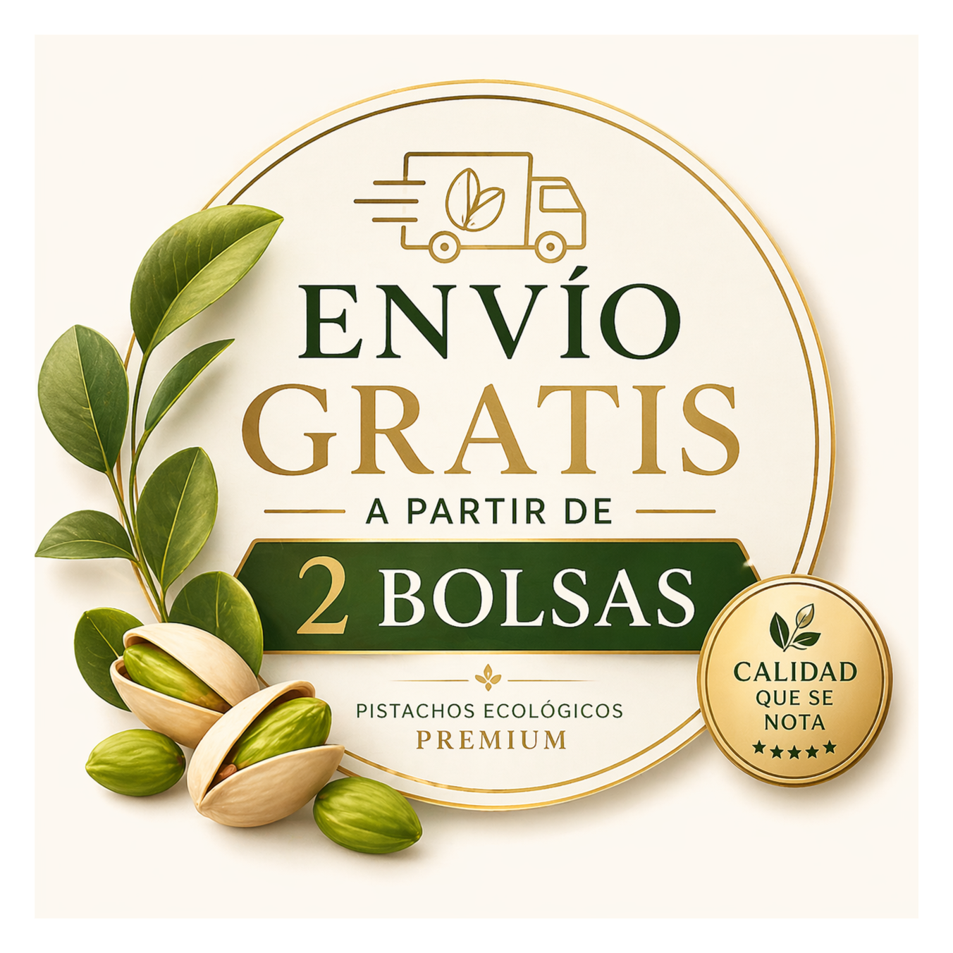 Imagen de un envase de pistachos ecológicos con envío gratis desde 2 bolsas, en color crema con detalles dorados y verdes, con ilustraciones de pistachos y hojas.