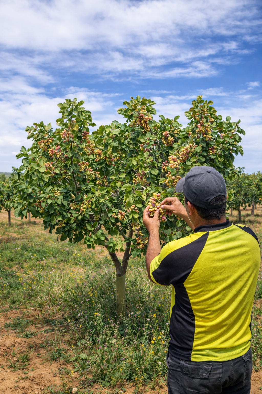 Agricultor cuidando pistachos ecológicos en cultivo natural en España