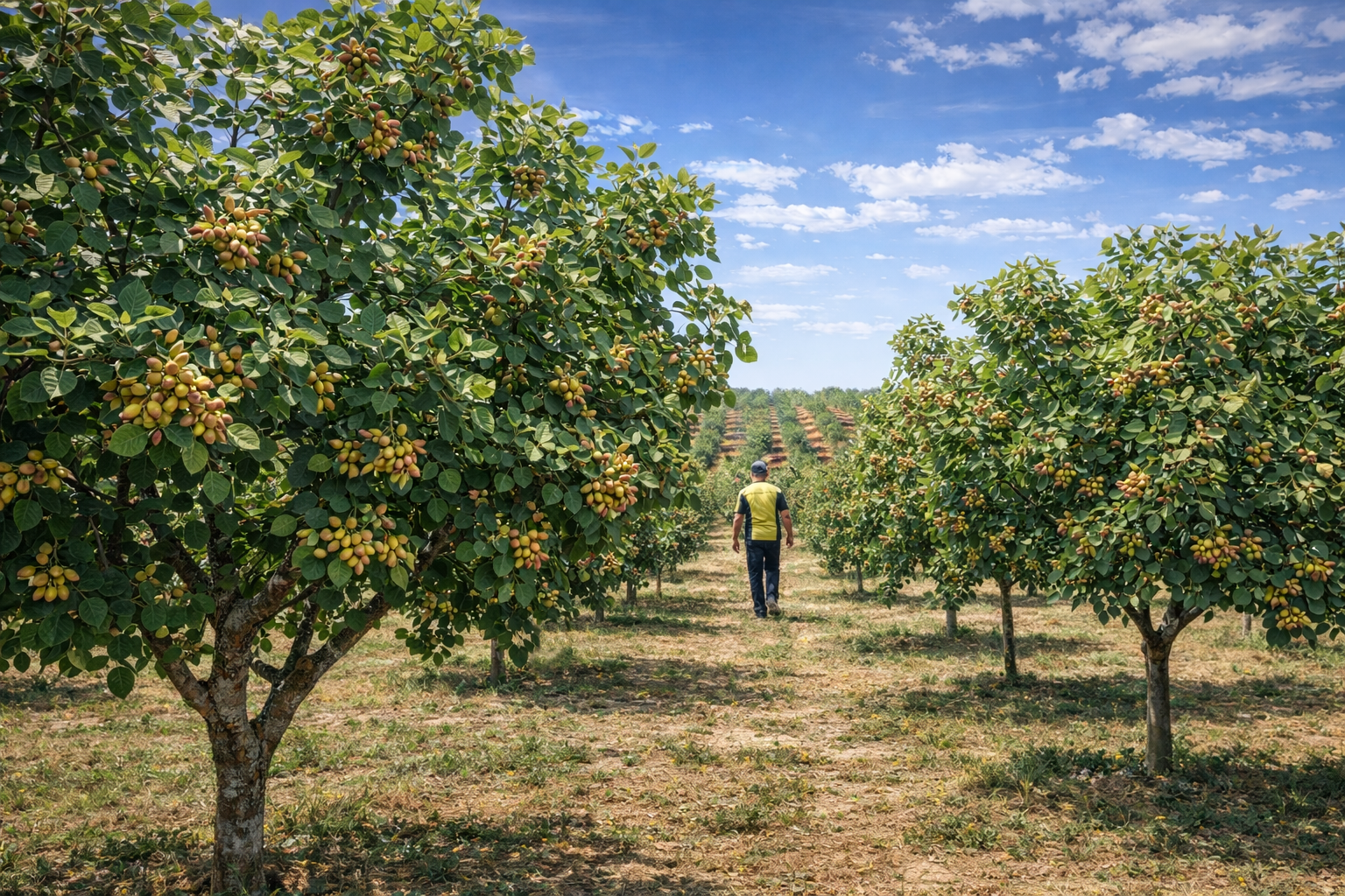 Plantación de pistachos ecológicos con agricultor controlando la calidad entre los árboles en España