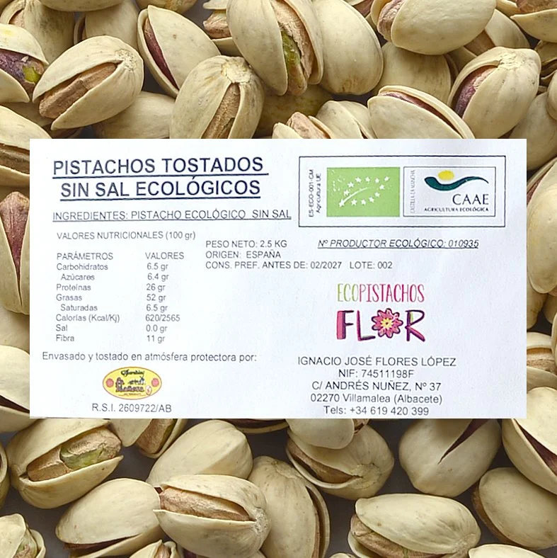 Bolsa de 2,5 Kilos de Pistacho Ecológico tostado sin sal.
