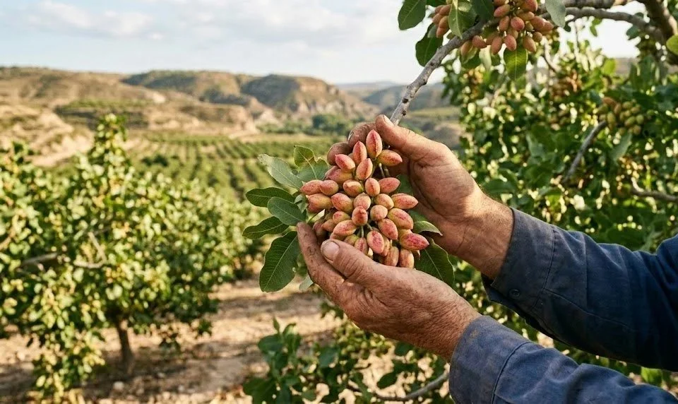 Recolección de pistachos ecológicos frescos directamente del árbol en cultivo en España