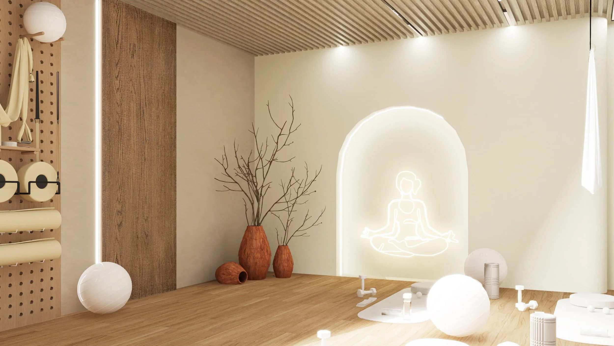 Interior of a minimalist yoga studio with wooden accents, white walls, a modern neon Buddha figure on the wall, and decorative vases with branches.