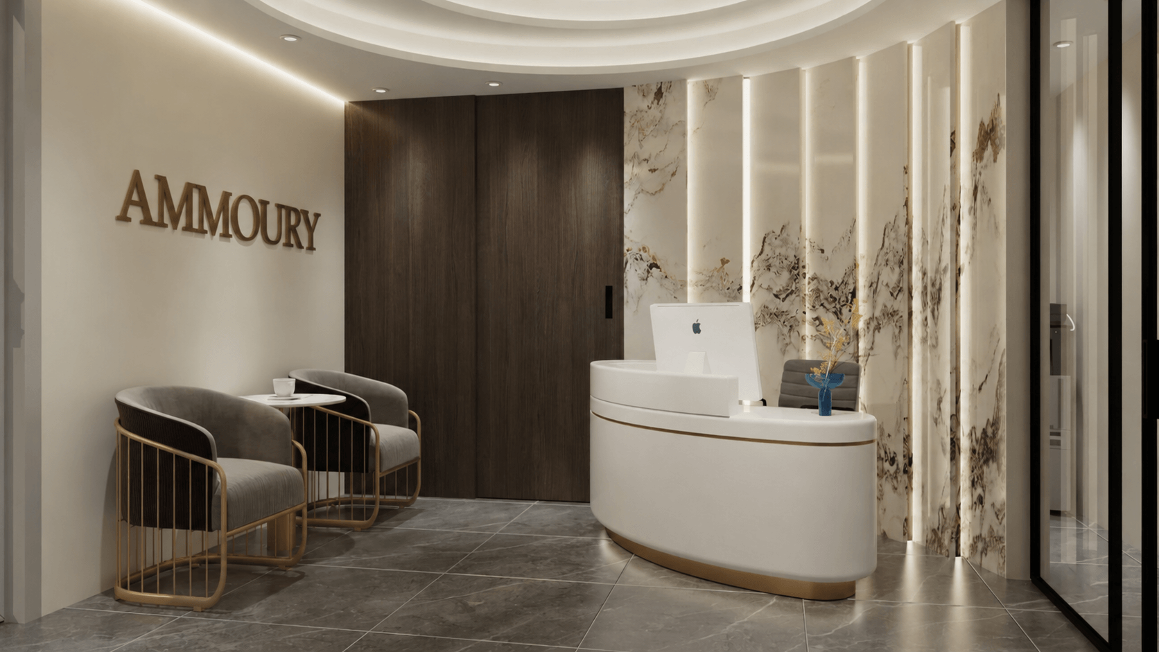 Dezainteria reception area design — Bhamdoun office with curved desk, marble panels, and gold accents