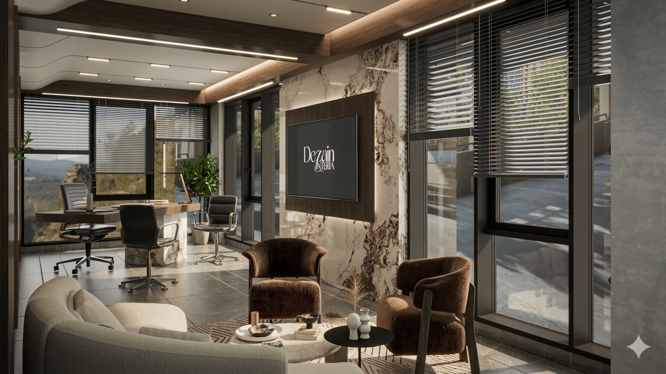 Dezainteria Studio — Bhamdoun office interior with marble accent wall and custom workspace design