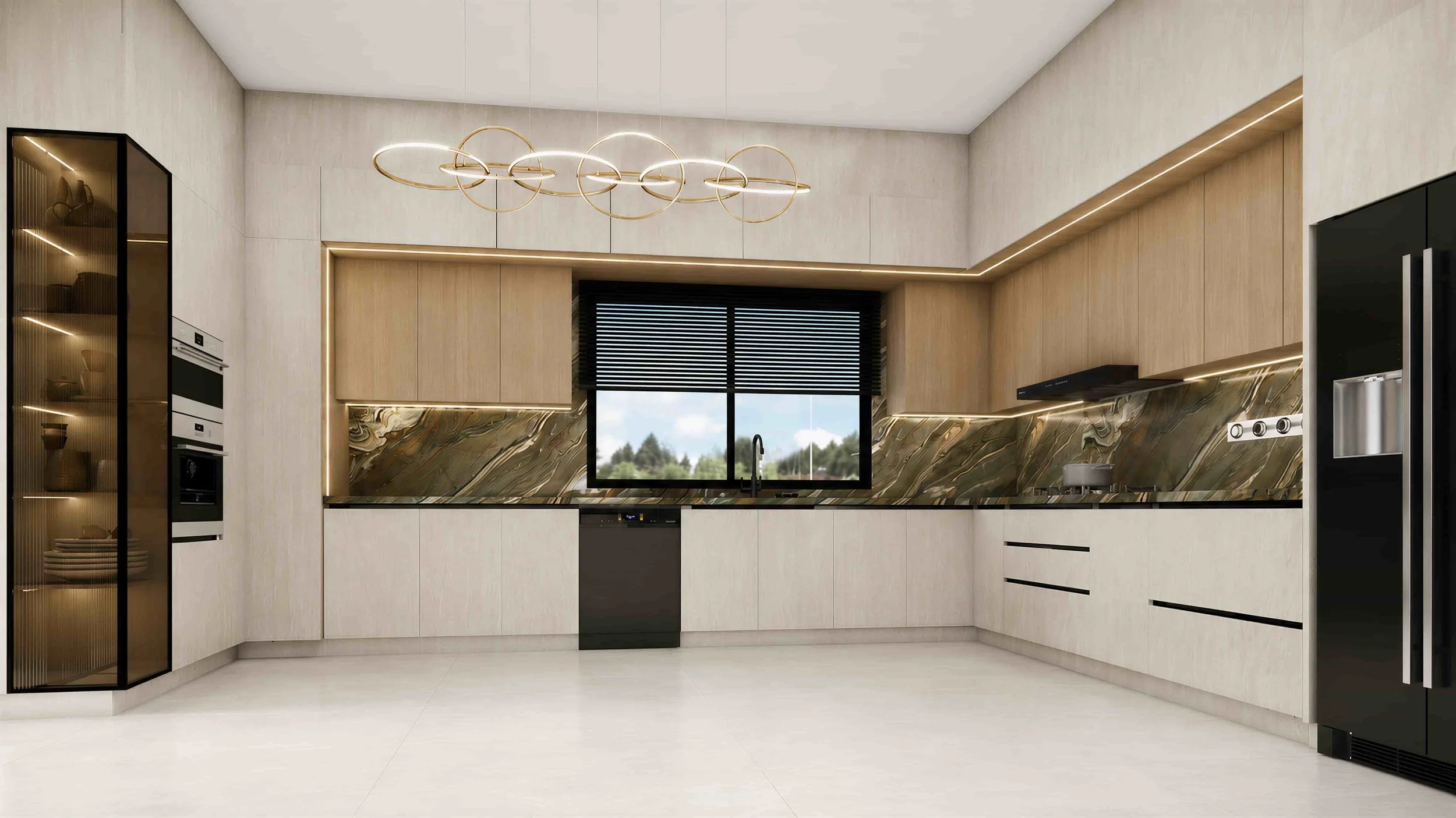 Dezainteria kitchen interior — Bchamoun home with marble accent wall and integrated workspace