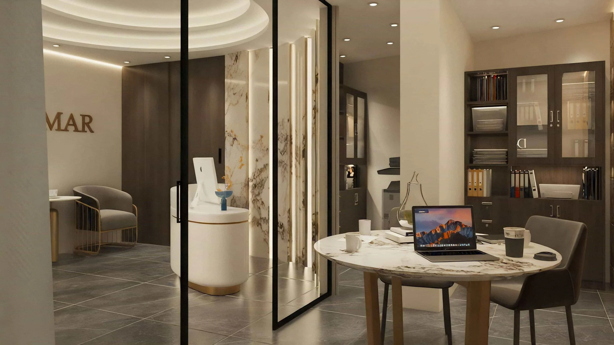 Dezainteria interior design — private office in Bhamdoun with dark wood paneling and custom bookshelves