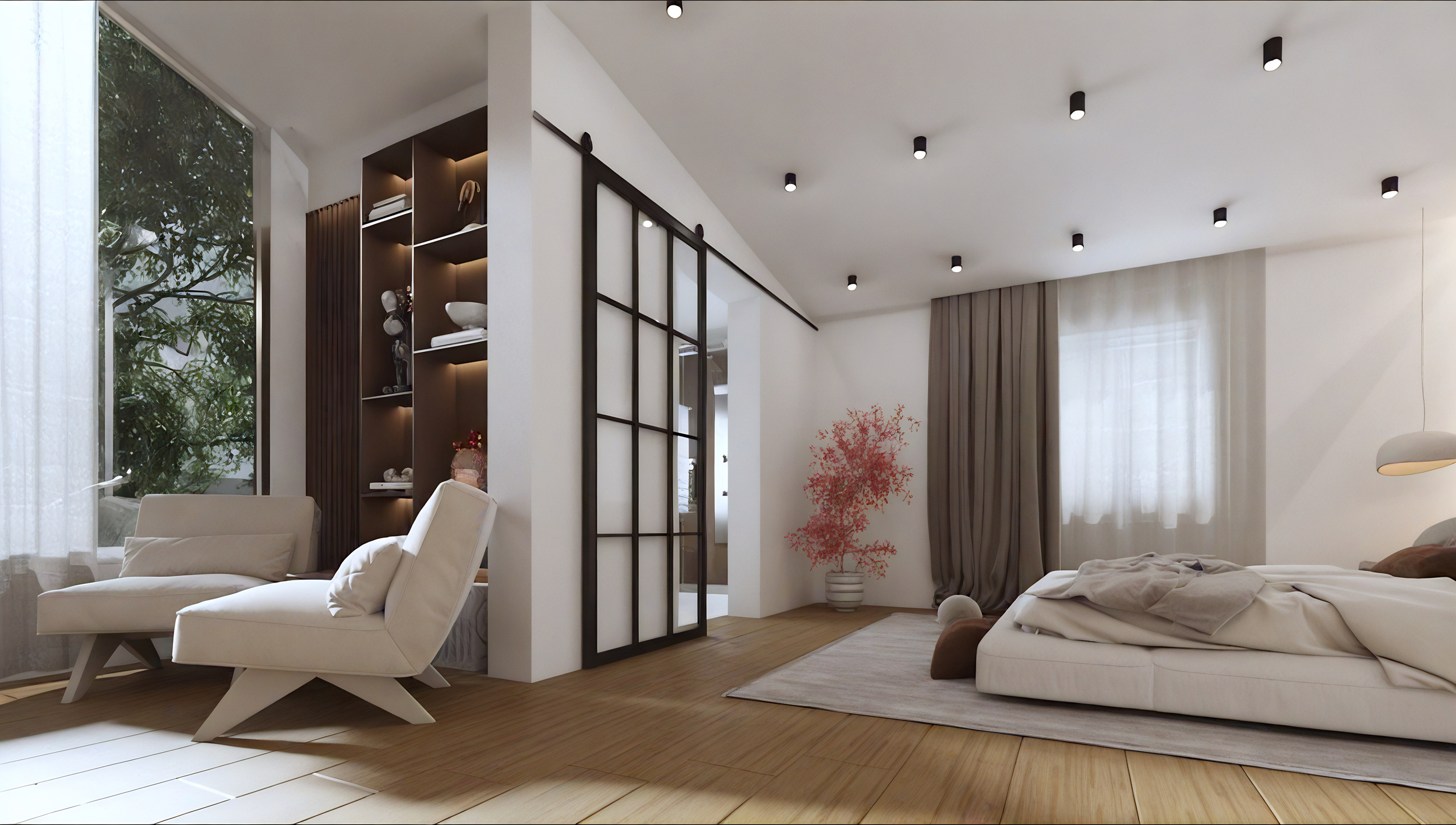 Modern bedroom interior in warm neutral tones designed by Dezainteria Studio