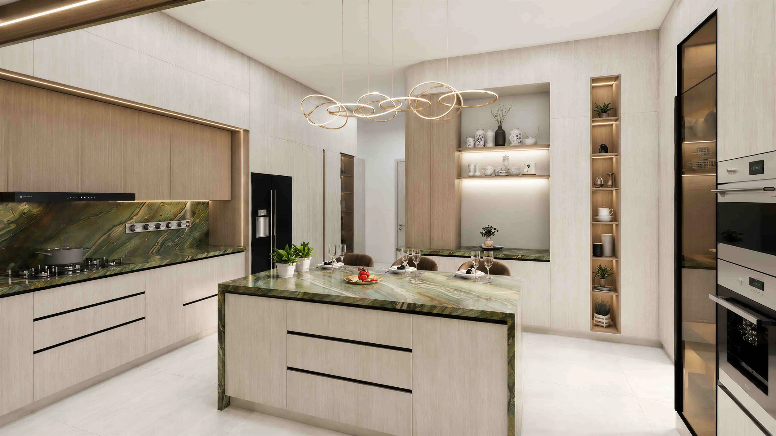 Dezainteria kitchen design — Bchamoun residence with curved reception desk and marble finishes