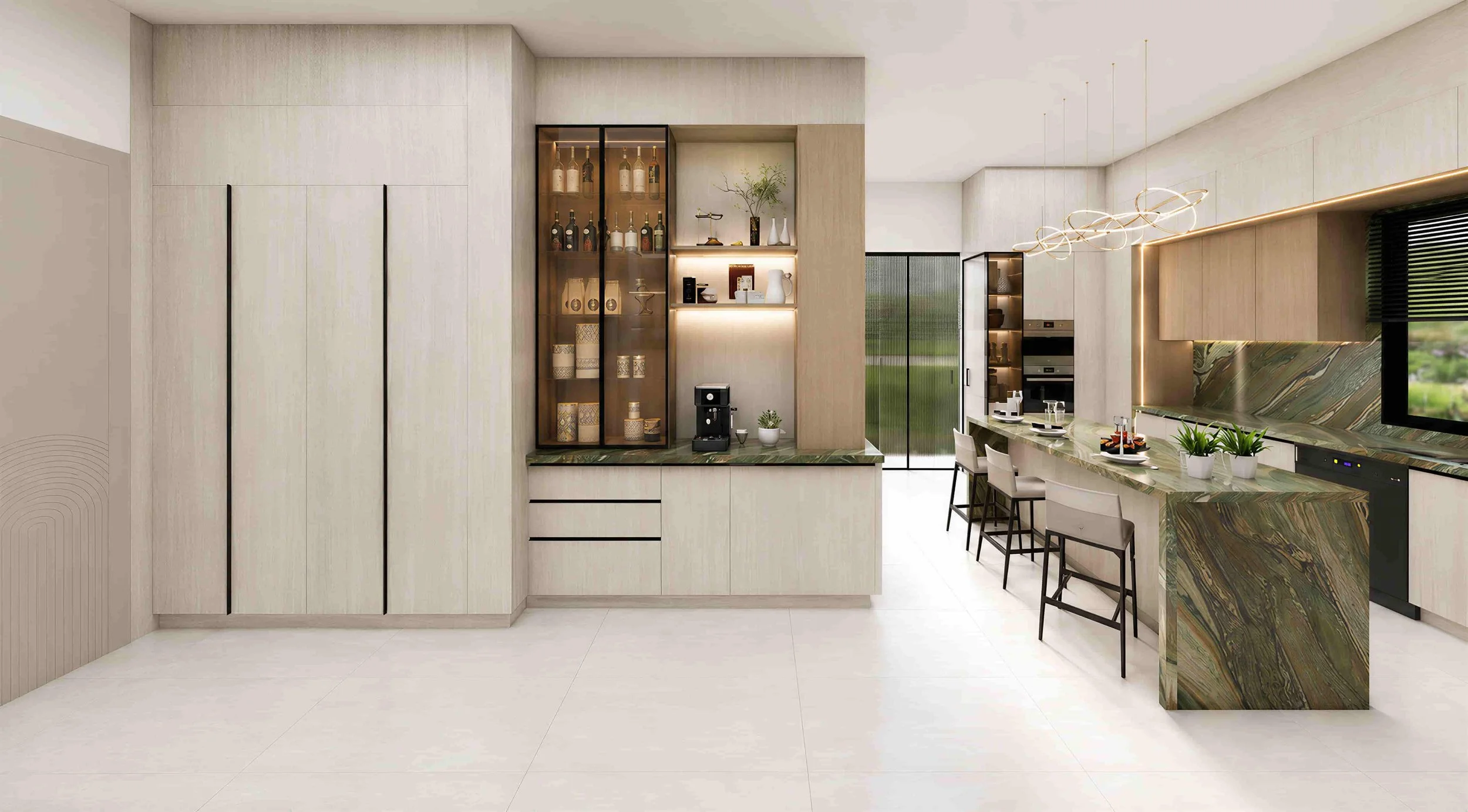 Dezainteria interior project — Bchamoun kitchen with textured details and custom marble wall