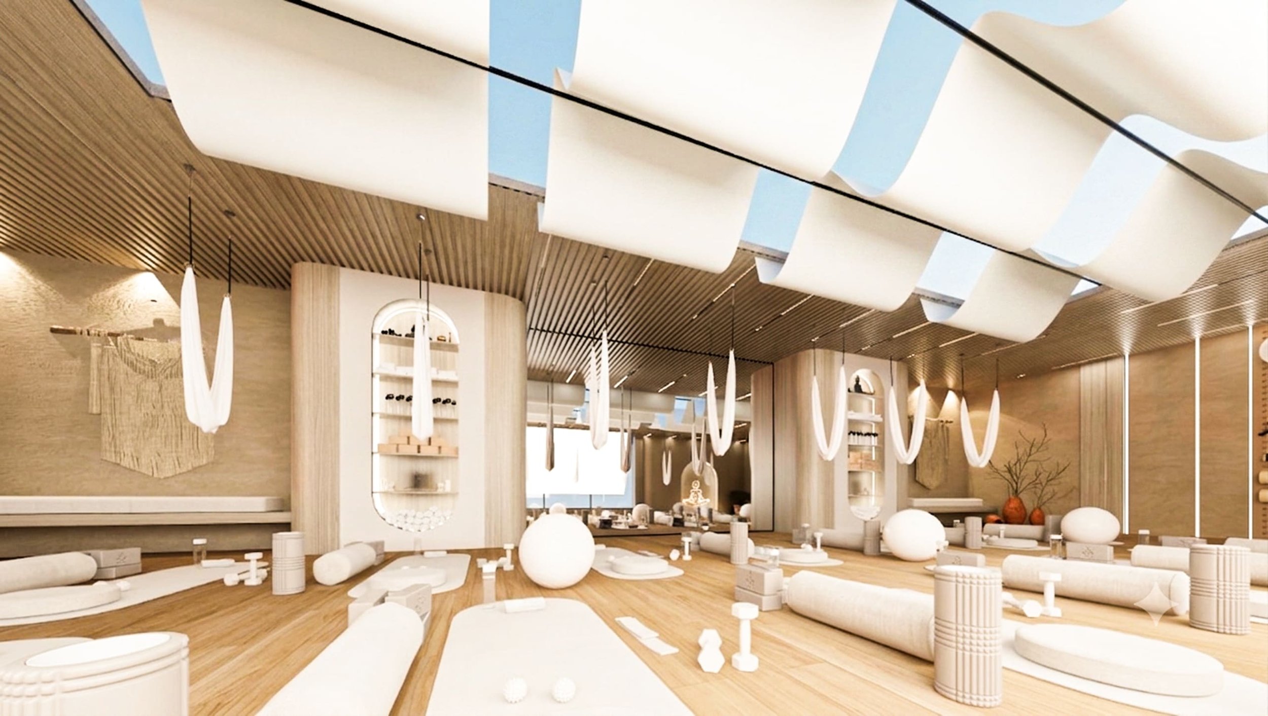 Dezainteria yoga studio concept — serene interior with textured walls and custom marble detail