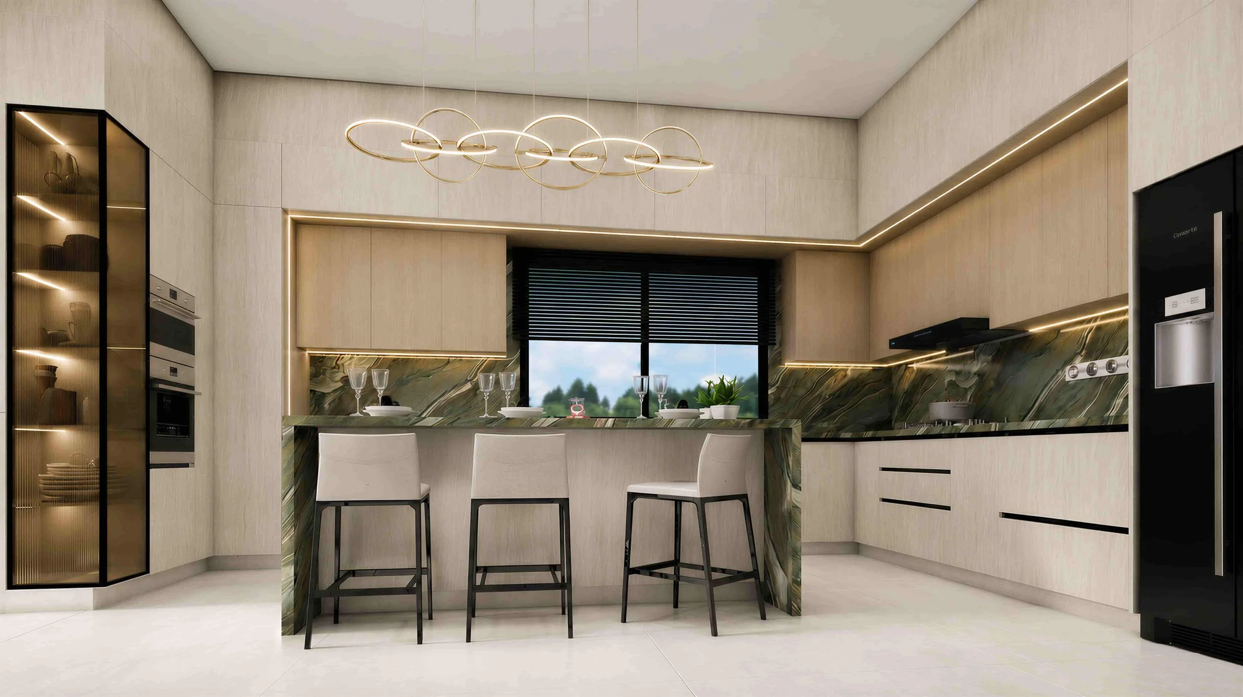 Dezainteria kitchen design — Bchamoun residence with dark wood cabinetry and custom shelving