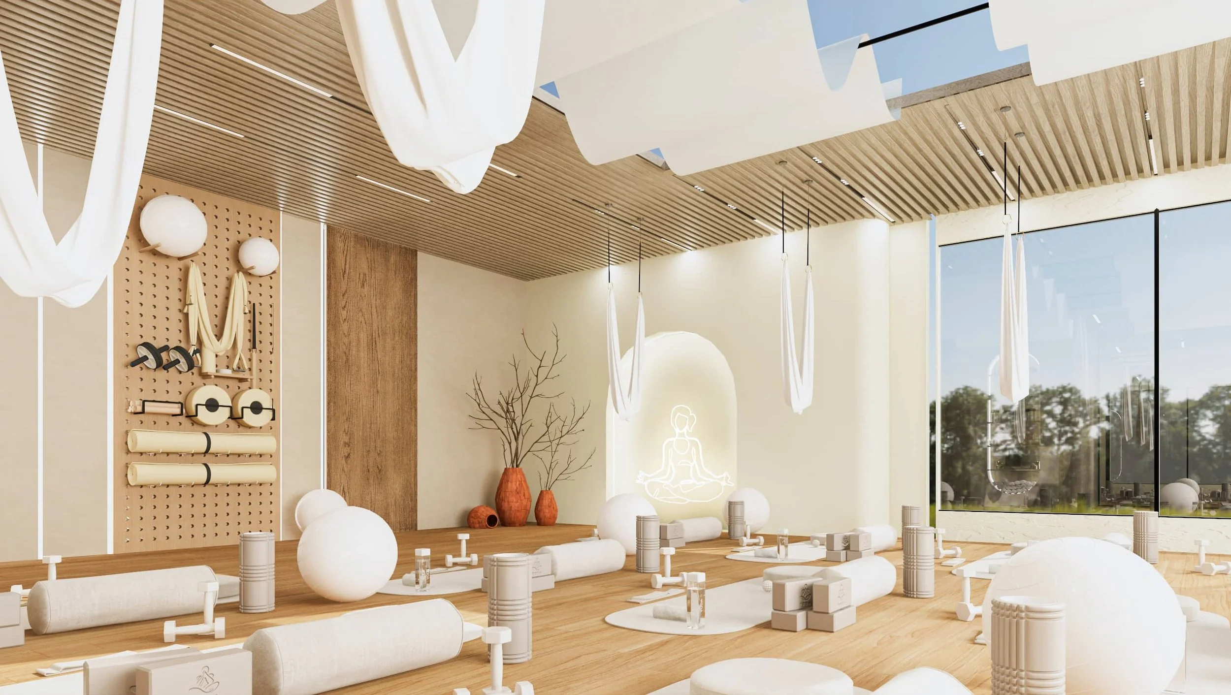 Dezainteria concept design — yoga studio with curved reception desk, marble panels, and gold accents