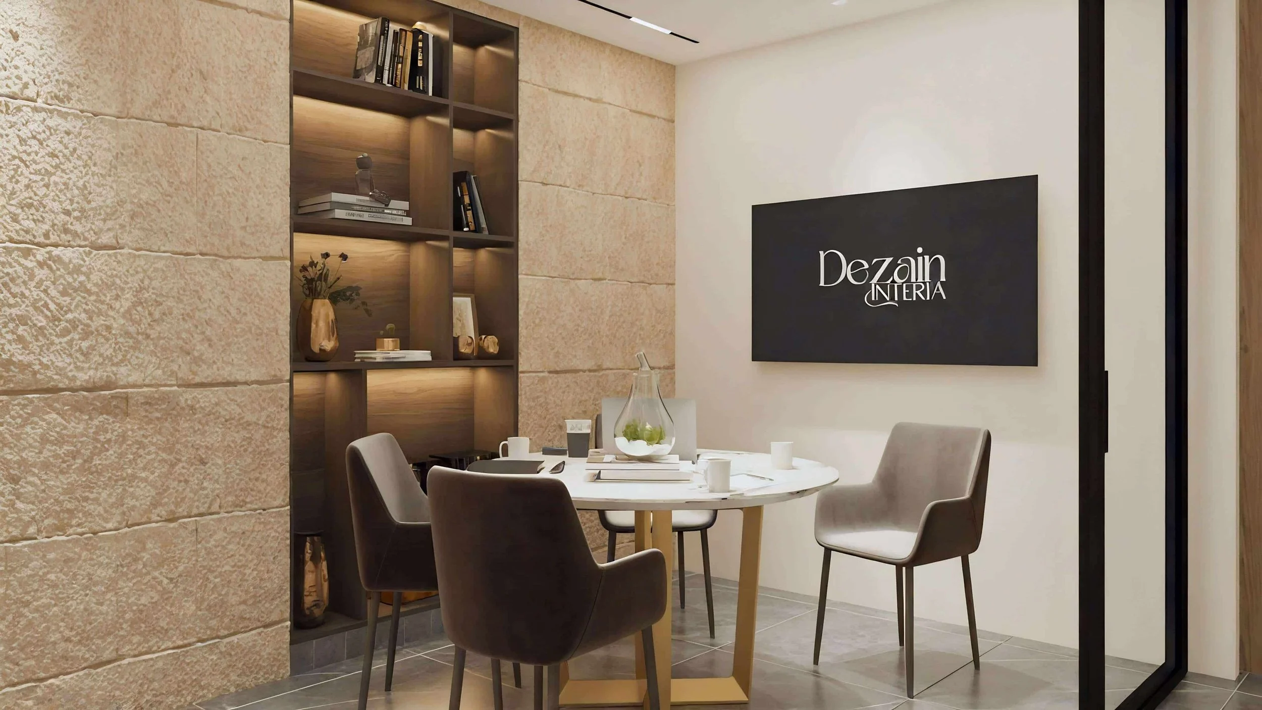 Dezainteria Studio — Bhamdoun office interior with marble accent wall and custom workspace design