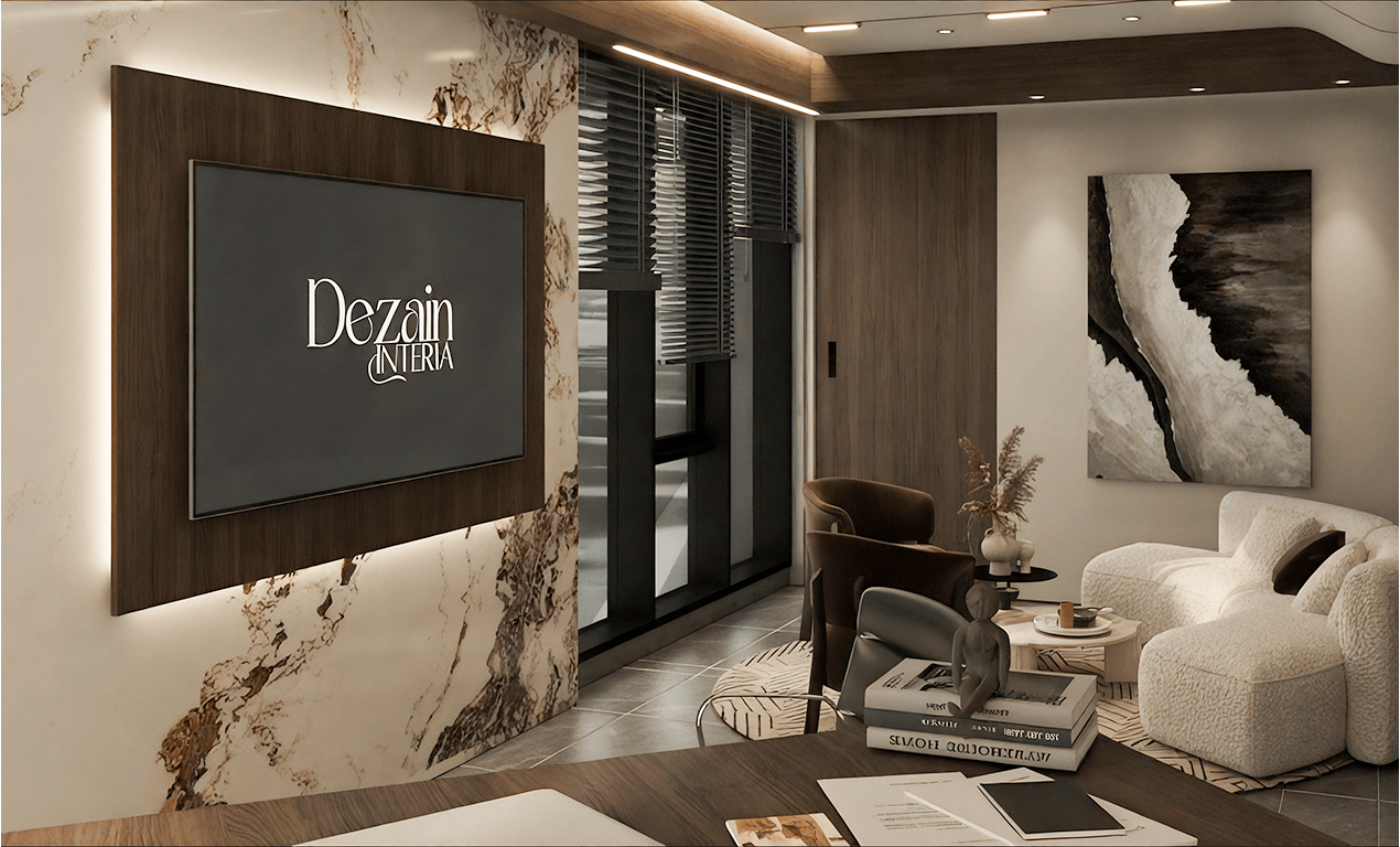 Dezainteria interior project — Bhamdoun office living area with textured sofa and custom marble wall detail