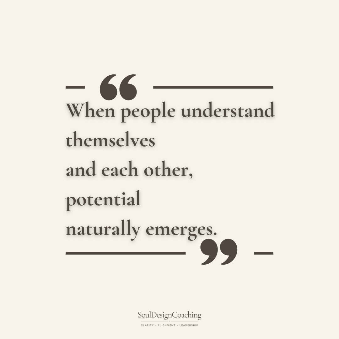 A motivational quote about understanding oneself and others, on a light beige background, with decorative quotation marks and lines, attributed to SoulDesignCoaching.