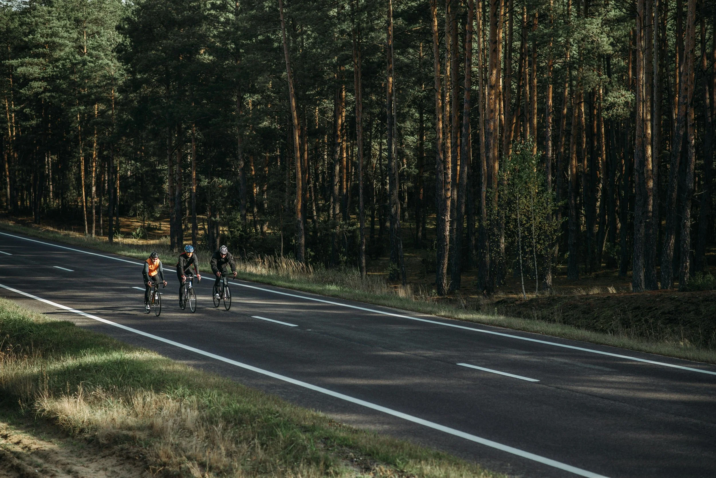 Cyclists riding through forest during triathlon training camp