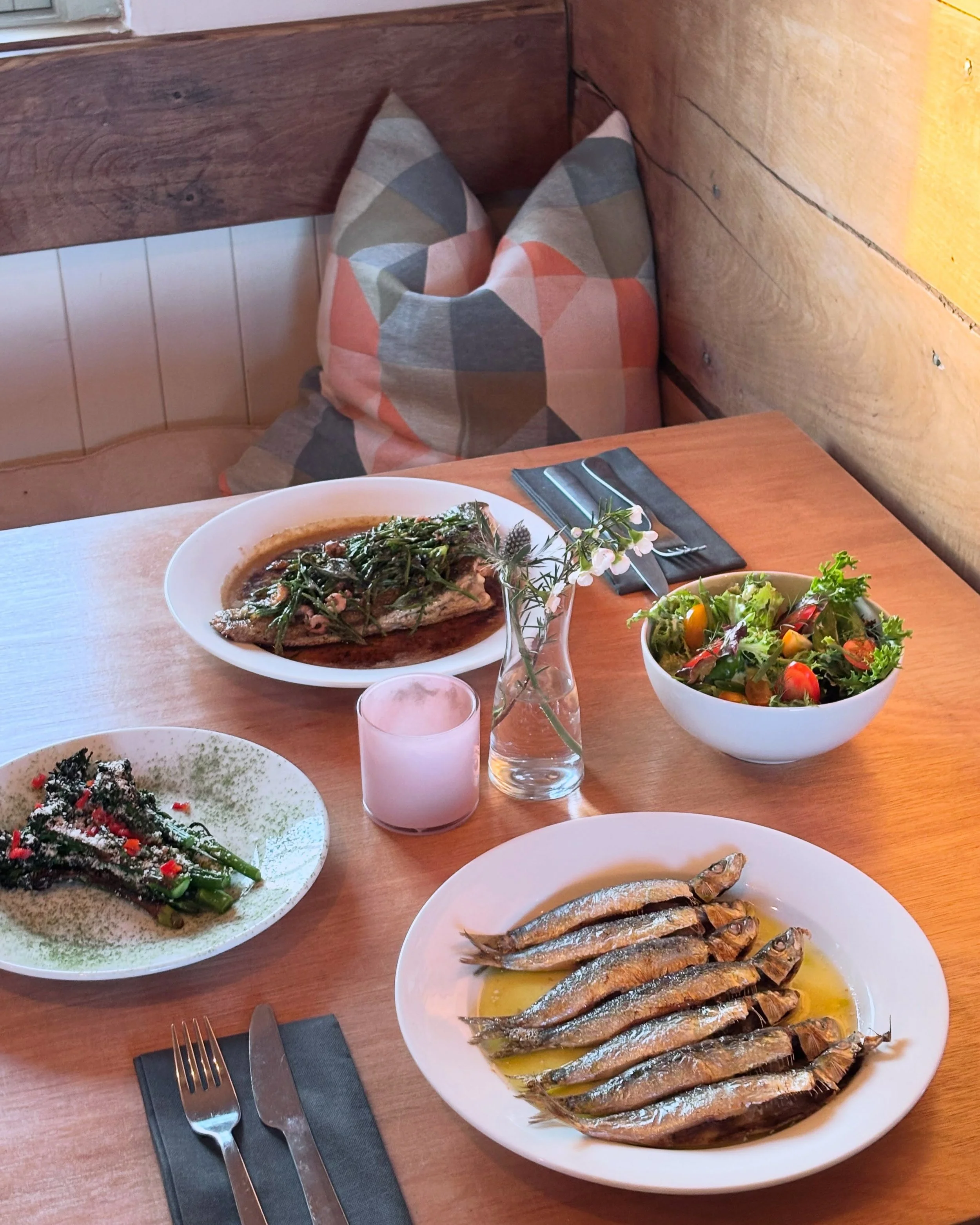 On the table this week! Grilled sardines, plaice with potted brown shrimp and sea herbs &mdash; plus a seasonal salad picked locally from @soul.farm