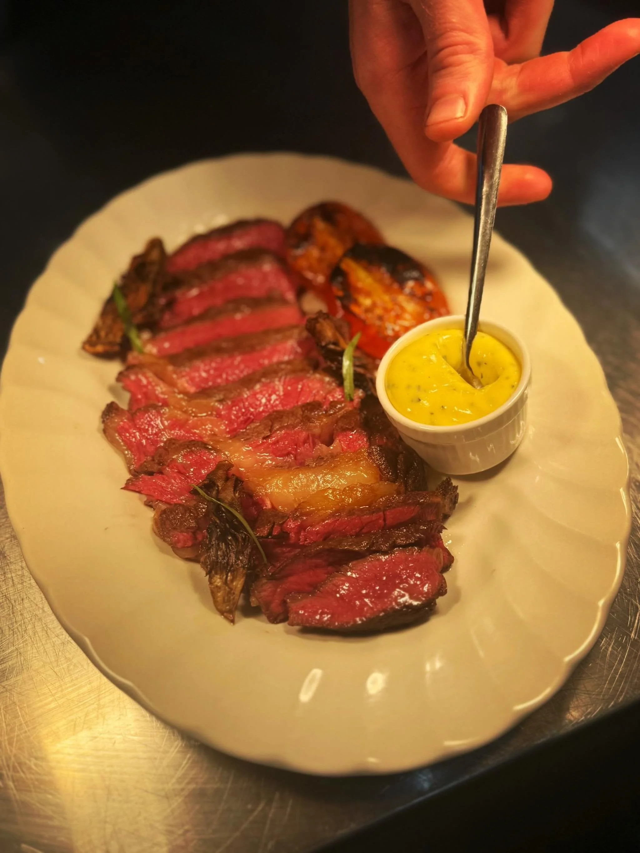 On the menu this week, Cornish ribeye, Hen of the woods and beautiful grilled plum tomatoes, served with B&eacute;arnaise sauce.  What more could you want? Oh! maybe a delicious bottle of red from our cellar! Grab some friends and come and visit us a