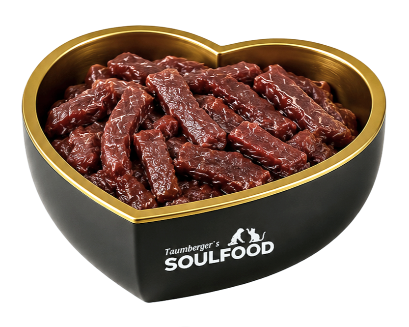 Schüssel mit rohem, mariniertem Hundfleisch, schwarz mit goldener Innenseite, mit dem Schriftzug 'Taumberger's Soulfood' und Hundesilhouetten.