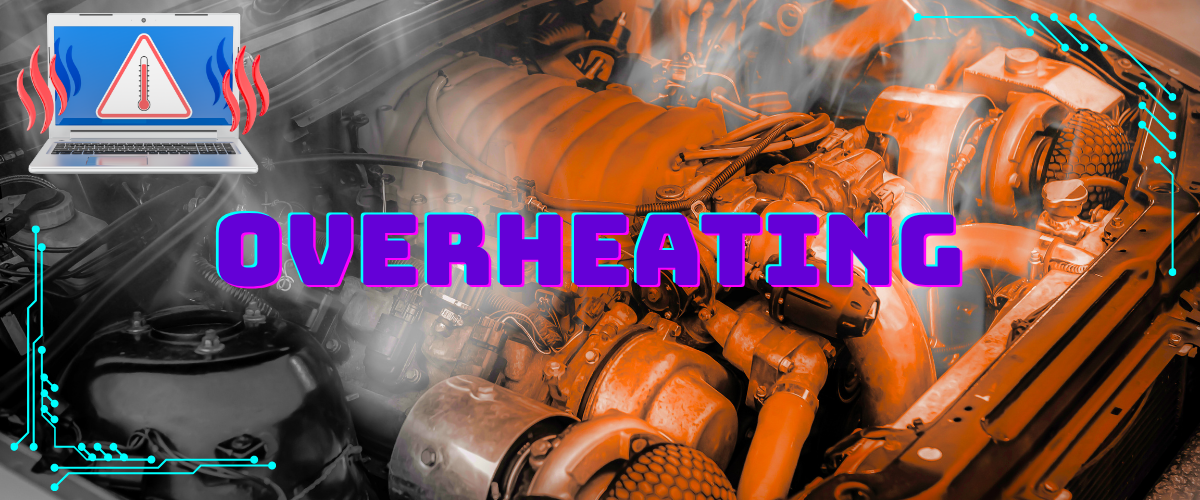 overheating engine with a graphic of a burning laptop cartoon