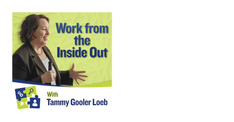 Cover image for 'Work from the Inside Out' presentation by Tammy Gooler Loeb, featuring a woman speaking and a green background with blue text.
