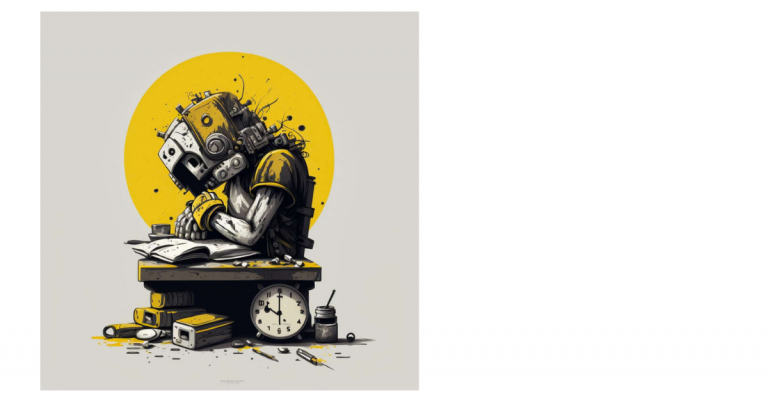 A robot studying at a desk with books, a clock, and writing tools, with a yellow circle in the background.