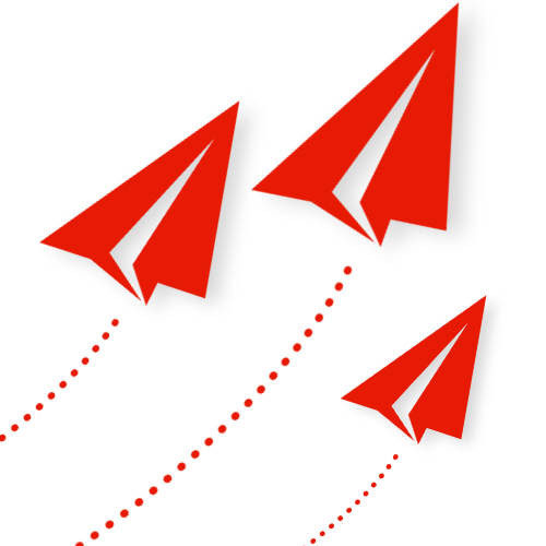 Red stylized paper airplane icons stacked and scattered on a black background.