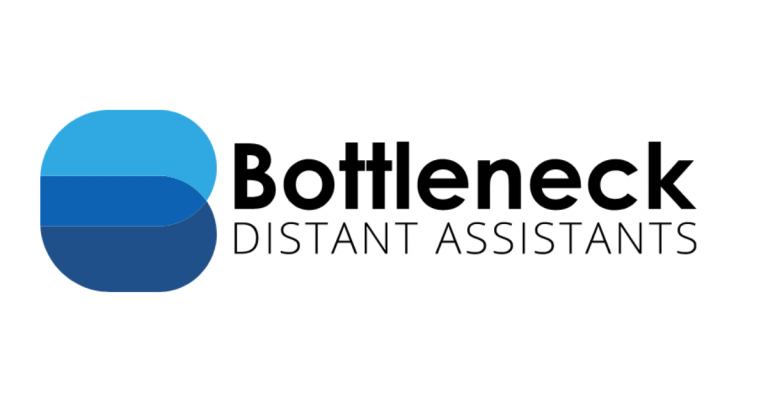Bottleneck Distant Assistants logo with a blue abstract shape and black and gray text