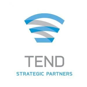 Logo of TEND Strategic Partners featuring a stylized Wi-Fi signal icon with blue and gray bars.