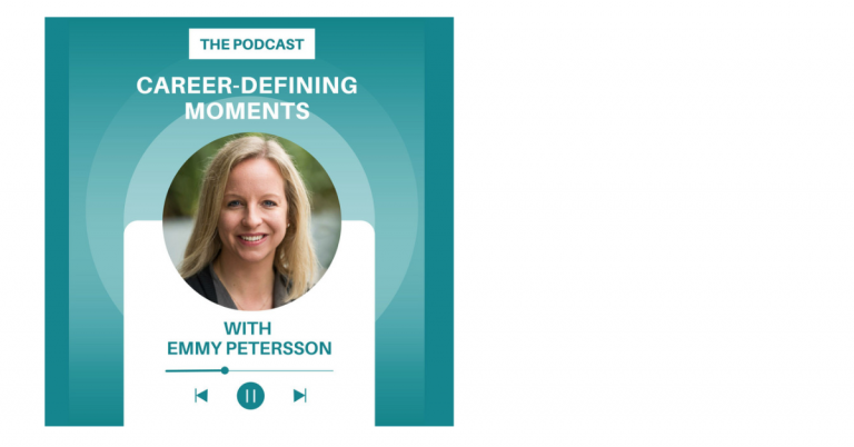 Podcast cover featuring a photo of Emmy Petersson, titled 'Career-Defining Moments,' with playback controls at the bottom.