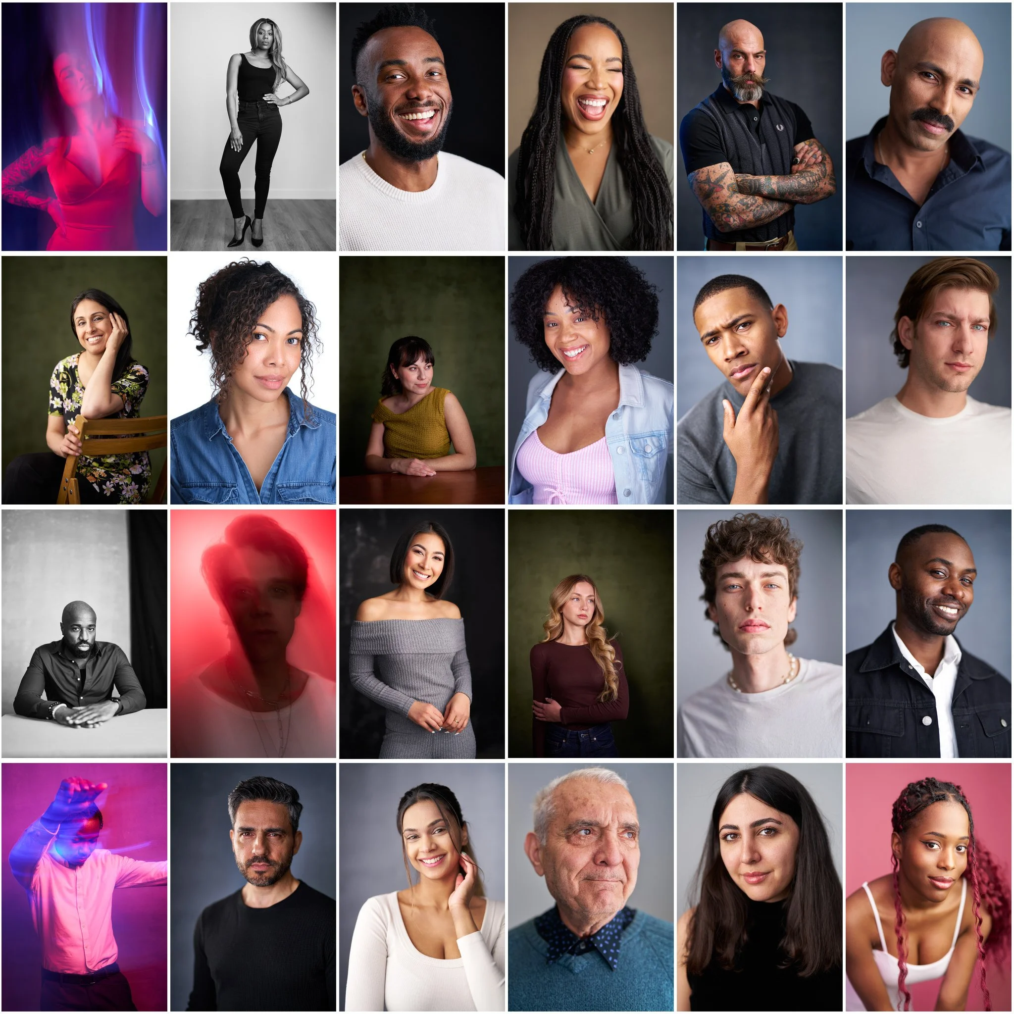 Collage of diverse people with various expressions and poses, including smiling, thinking, and playful gestures, in different settings and backgrounds.