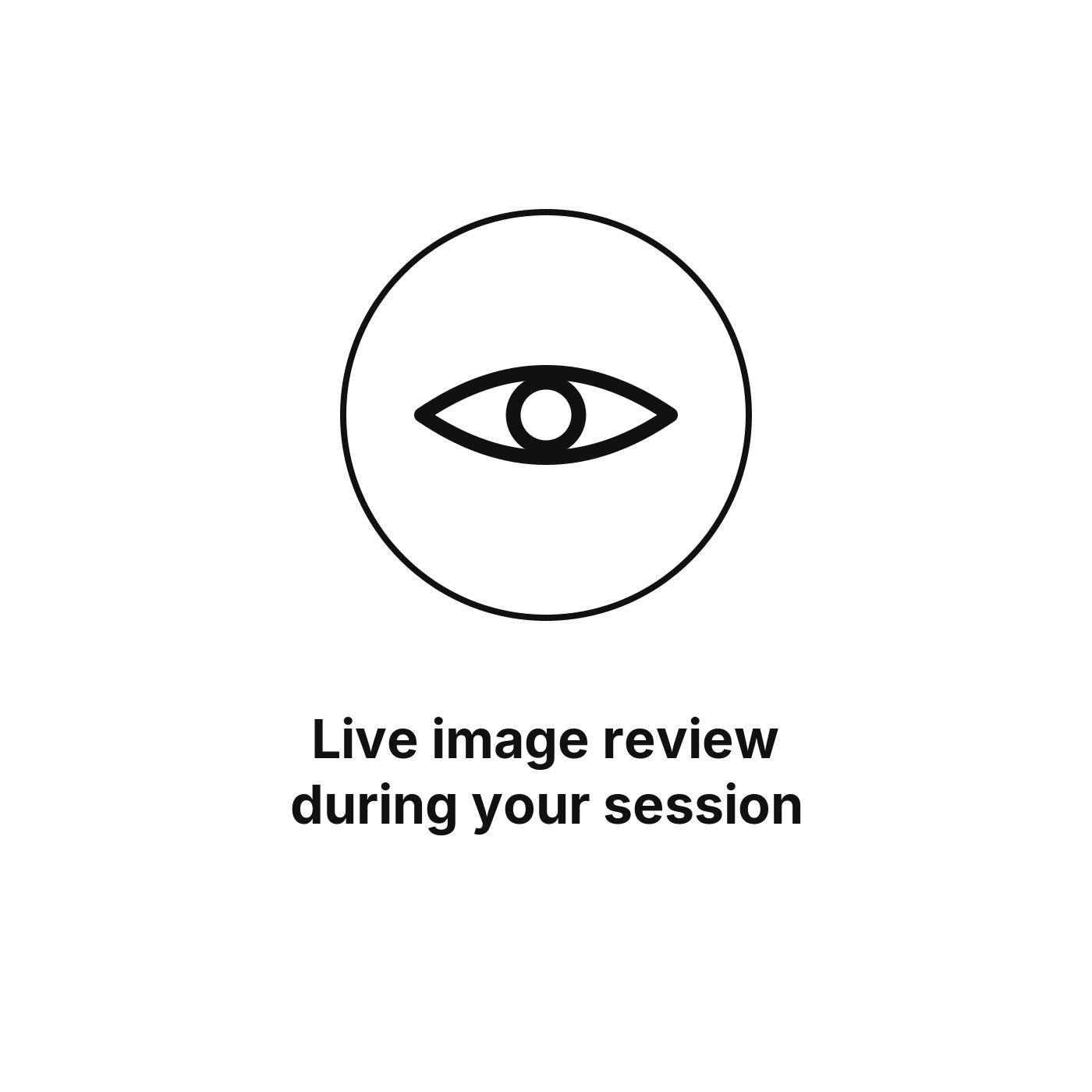 Black and white graphic of an eye inside a circle with the text 'Live image review during your session' underneath.