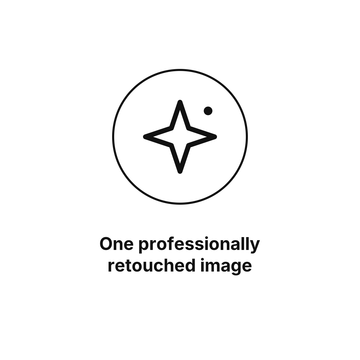 A black and white logo featuring a circular design with a star inside and a small dot near the top right of the circle. Below the logo, there is text that reads 'One professionally retouched image'.