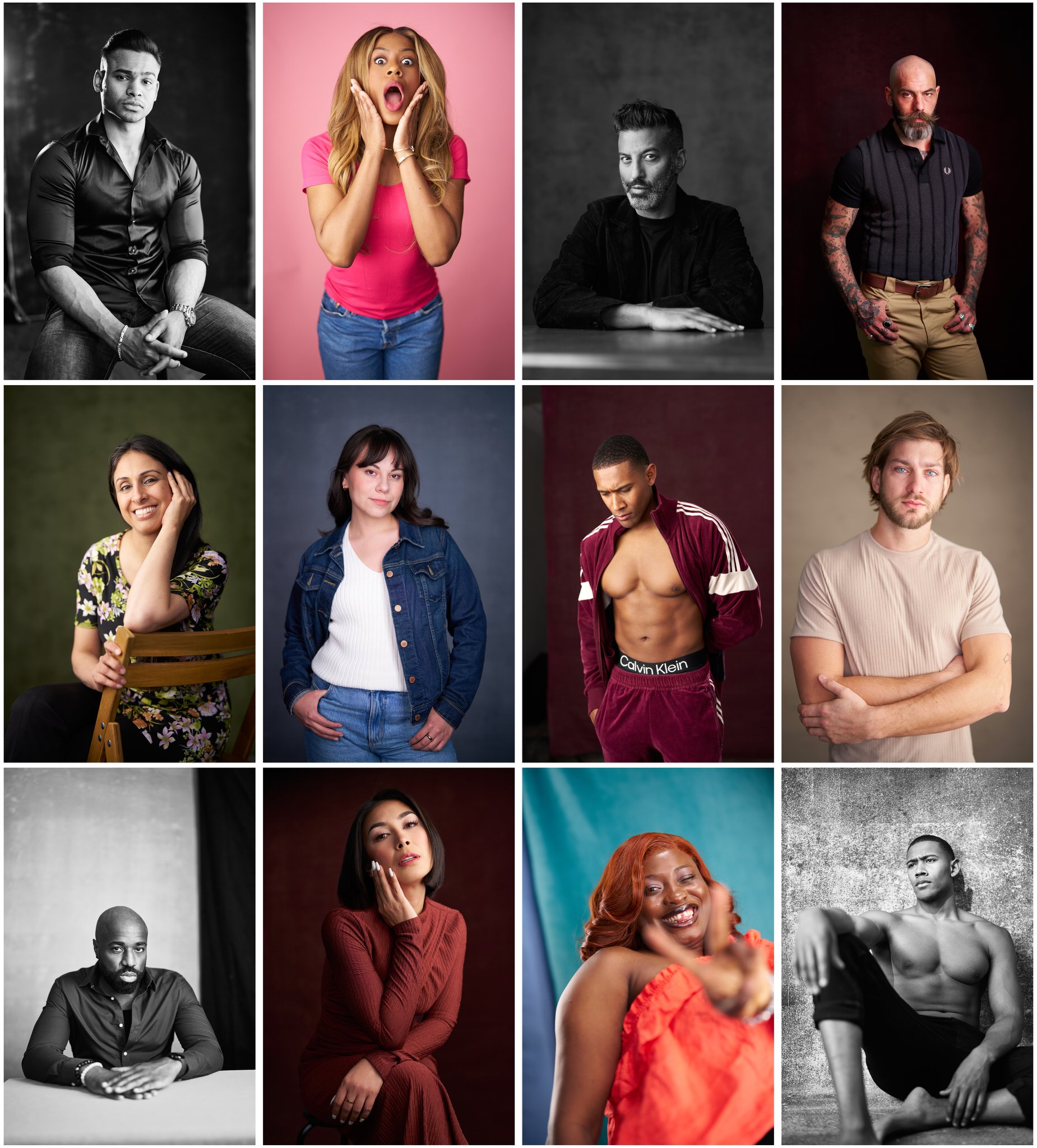 Collage of diverse portrait images including women and men with various expressions and poses, some in black-and-white and others in color, with different backgrounds.