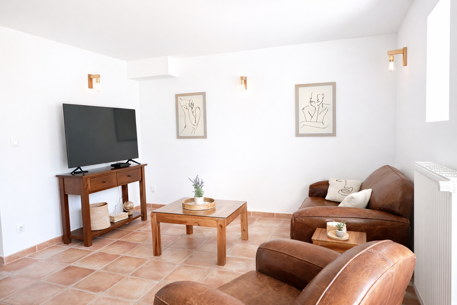 Salon avec canapé en cuir marron, table en bois, télévision sur meuble en bois, œuvres d'art minimalistes au mur, décorations en pot avec plantes, lampe murale, sol en tuiles de terre cuite.