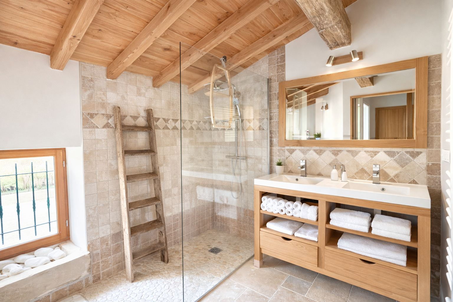 Salle de bain avec douche à l'italienne, baignoire en hauteur, lavabo double avec rangement en bois, grand miroir, murs et sol en carreaux beiges, toiture en bois visible, fenêtre avec vue extérieure.