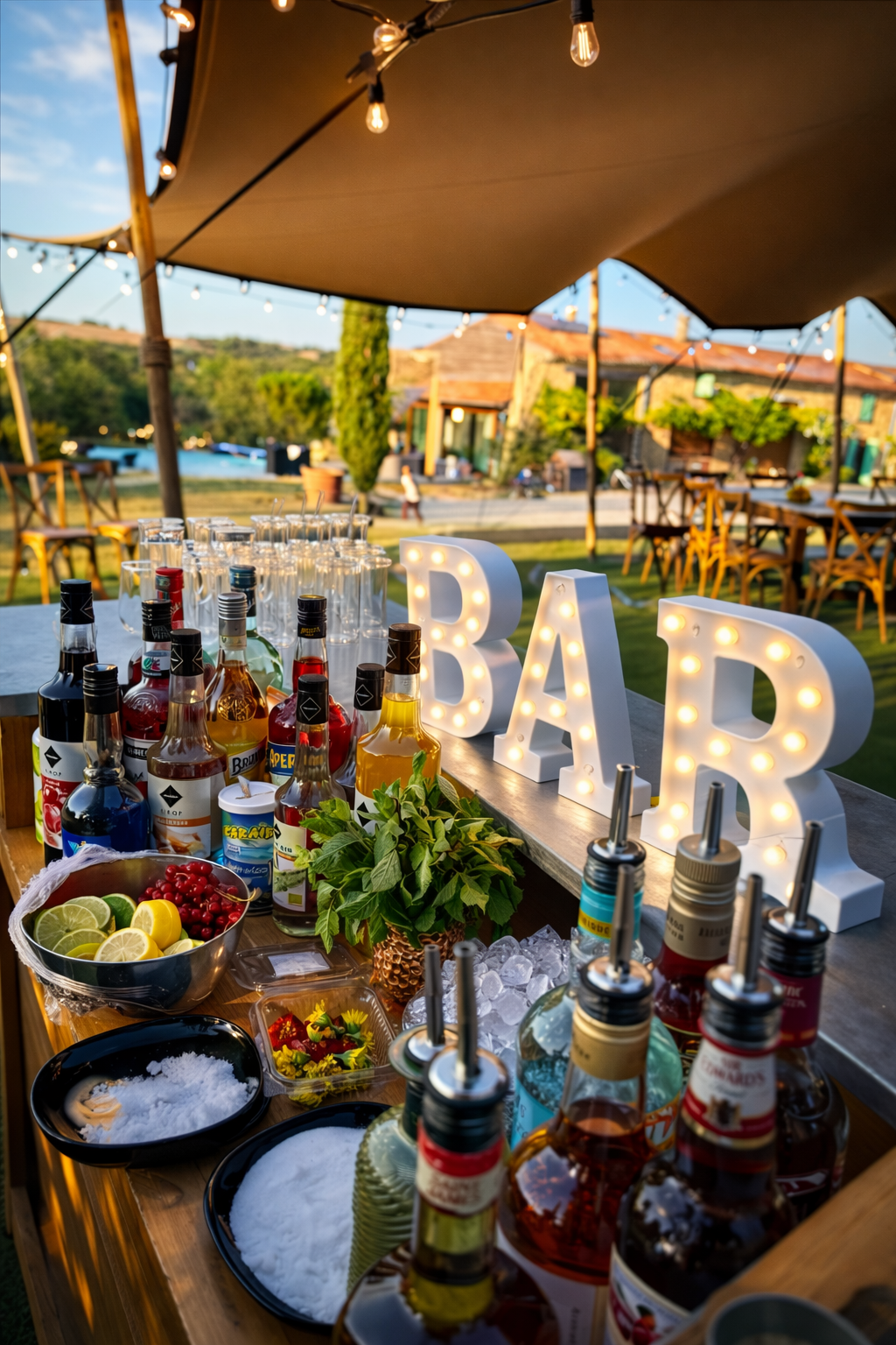 Bar festif avec bouteilles colorées, fruits, glaçons, et décorations lumineuses, en plein air dans un jardin.