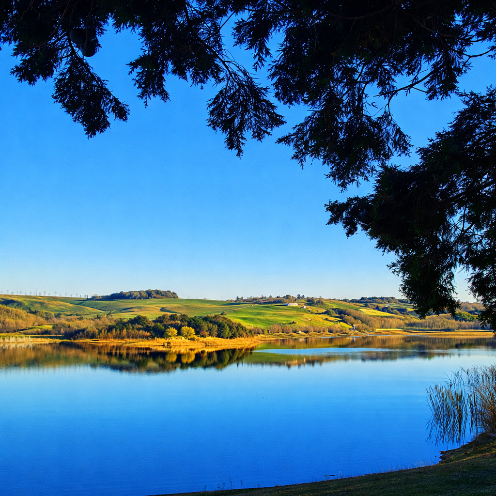 Paysage avec un lac calme, des collines verdoyantes, et un ciel bleu, encadré par des branches d'arbre en haut.