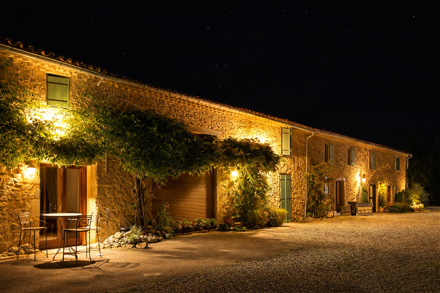 Une maison en pierre éclairée la nuit avec un ciel étoilé, des fenêtres et une terrasse avec des chaises et une table.